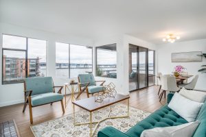 Living room area with lake view